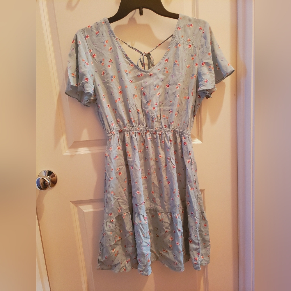 Light teal floral shirred tie back dress